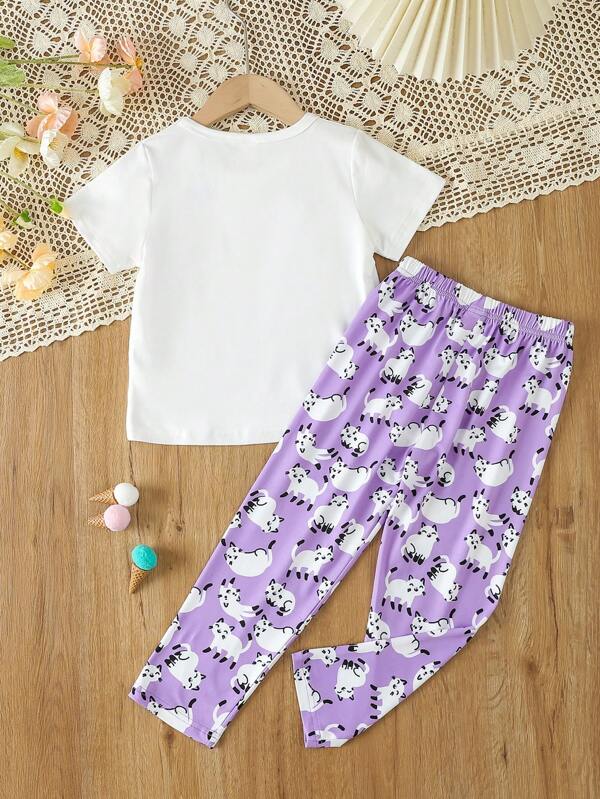 Young Girl Cartoon & Letter Graphic Tee & Pants PJ Set