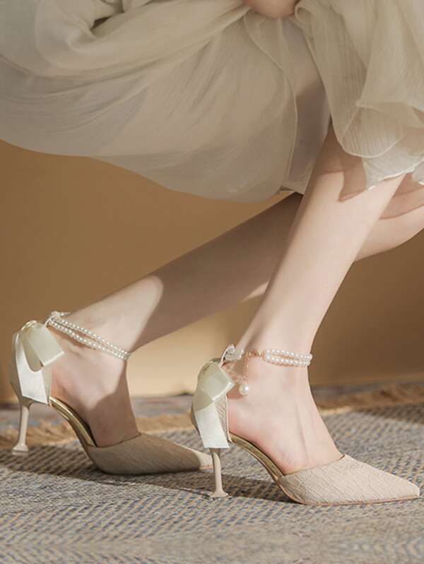 Women Faux Pearl Decor Point Toe Pyramid Heeled Ankle Strap Pumps, Polyester Elegant Pumps