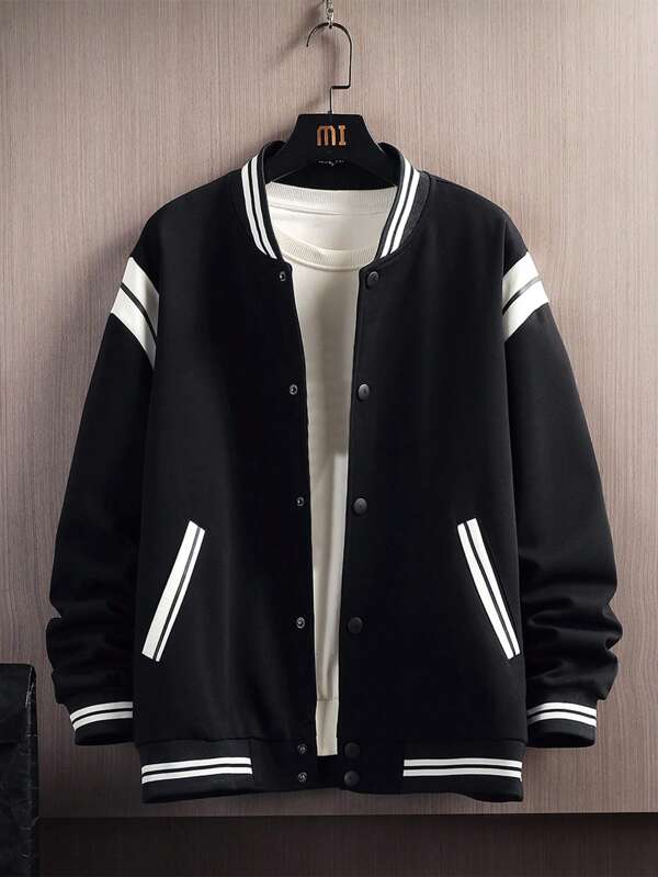 Men Striped Trim Drop Shoulder Bomber Jacket Without Tee