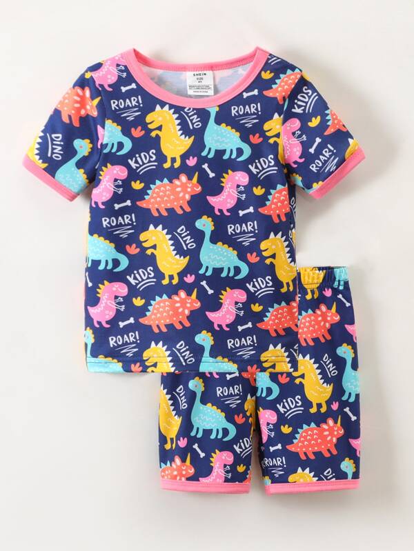 SHEIN Kids QTFun Toddler Girls Dinosaur Print Contrast Binding Snug Fit PJ Set