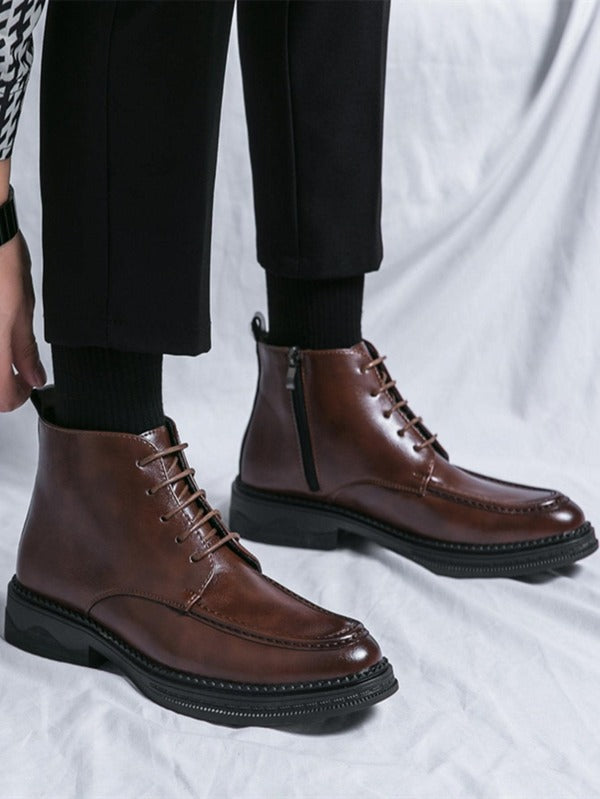 Men Minimalist Side Zipper Lace-up Front Boots, Fashion Boots Brown