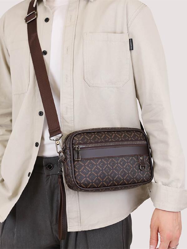 A brown letter PU shoulder bag with a crossbody bag, fashionable carrying bag suitable for men's daily travel, upper version commuting