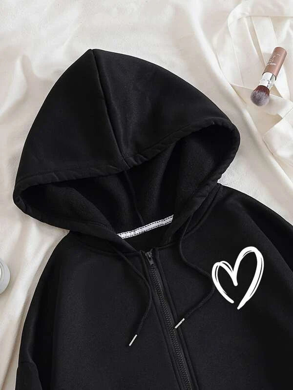 SHEIN LUNE Heart Print Zip Up Drawstring Thermal Lined Hoodie