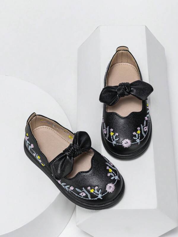 Baby Girls Floral Embroidered Fun Knot Decor Sweet & Cute Flats For Outdoor