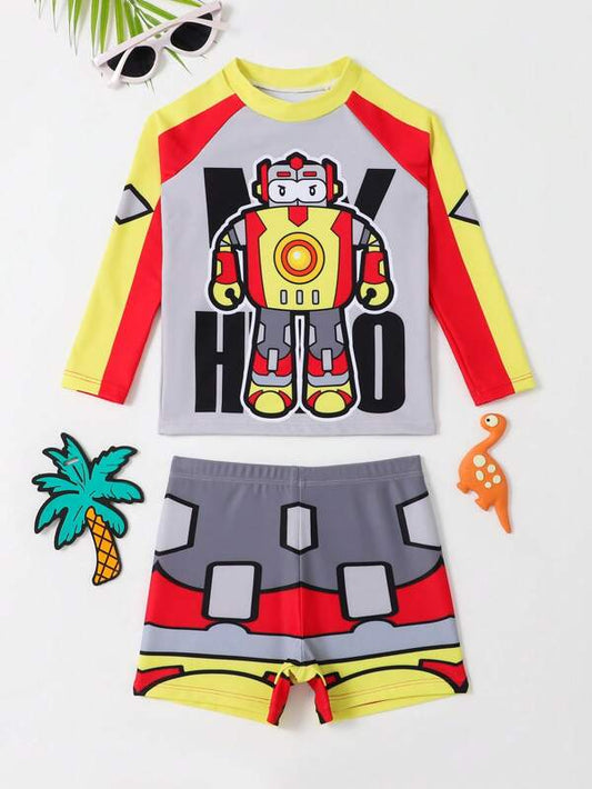 Toddler Boys Robot Print Raglan Sleeve Swimsuit