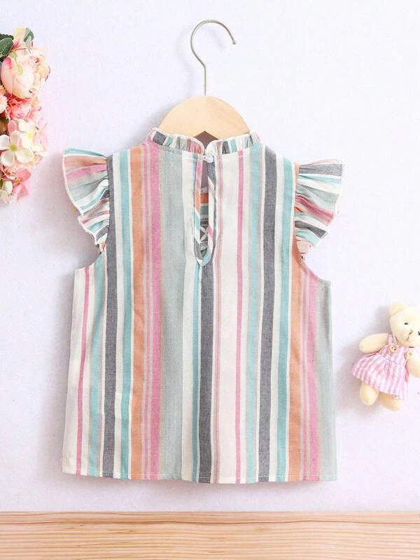 SHEIN Kids SUNSHNE Toddler Girls Striped Print Ruffle Trim Keyhole Back Blouse