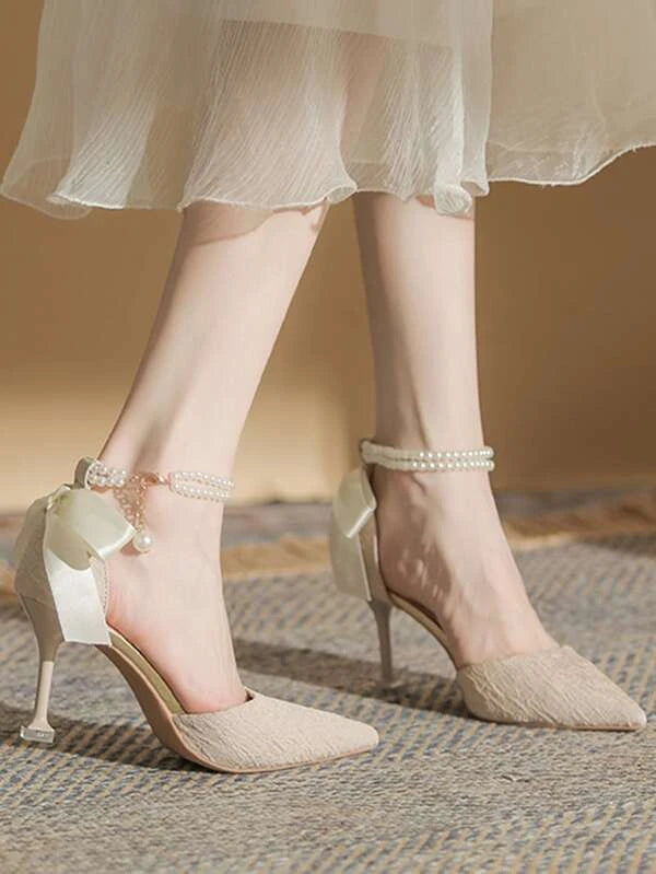 Women Faux Pearl Decor Point Toe Pyramid Heeled Ankle Strap Pumps, Polyester Elegant Pumps