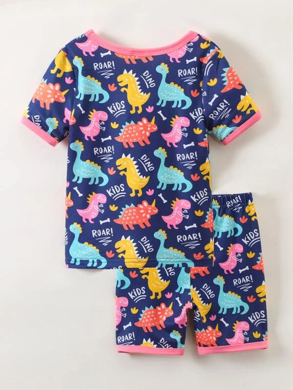 SHEIN Kids QTFun Toddler Girls Dinosaur Print Contrast Binding Snug Fit PJ Set