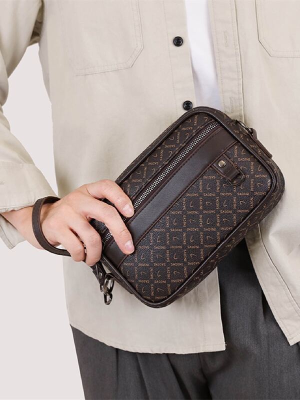 A brown letter PU shoulder bag with a crossbody bag, fashionable carrying bag suitable for men's daily travel, upper version commuting