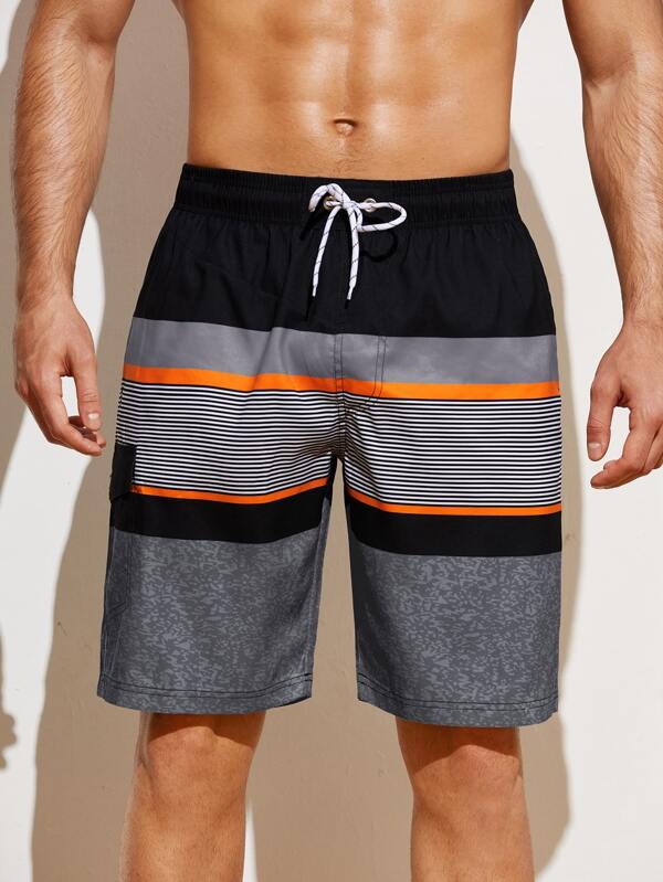 Men Color Block Striped Print Flap Detail Swim Trunks