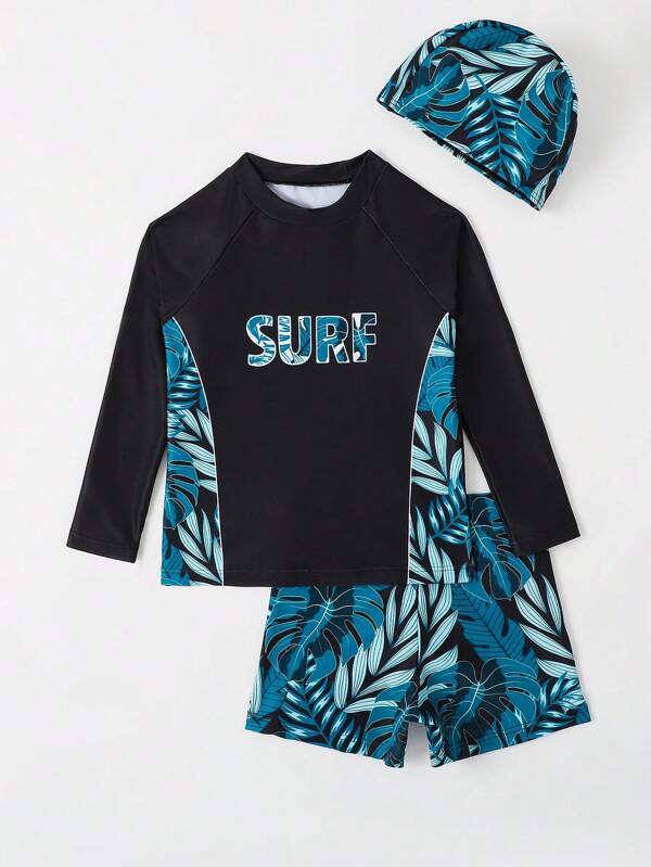 SHEIN Kids SUNSHNE Toddler Boys Tropical Print Beach Swimsuit With Swim Cap