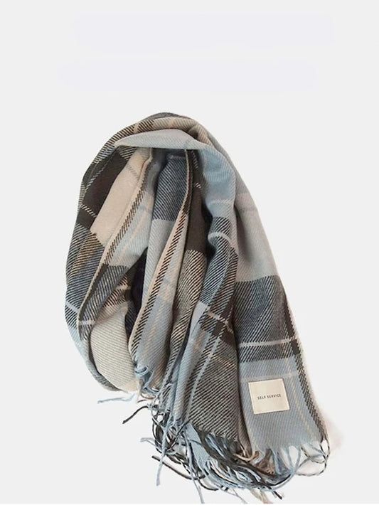 Plaid Pattern Label Decor Fringe Trim Scarf