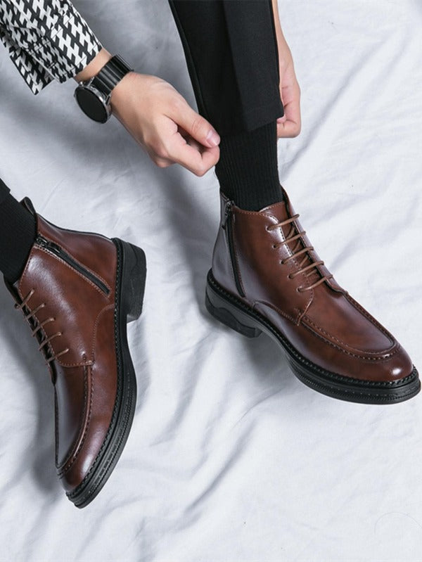 Men Minimalist Side Zipper Lace-up Front Boots, Fashion Boots Brown