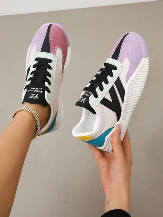 Sporty Running Shoes Women Colorblock Letter Graphic Lace Up Front Pu Sneakers