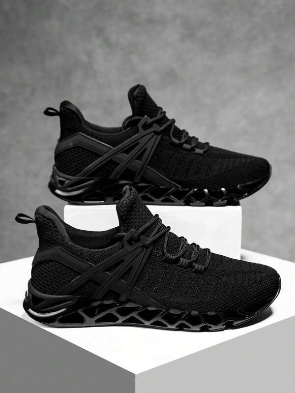 Sporty Black Running Shoes For Men, Patch Decor Lace Up Sneakers