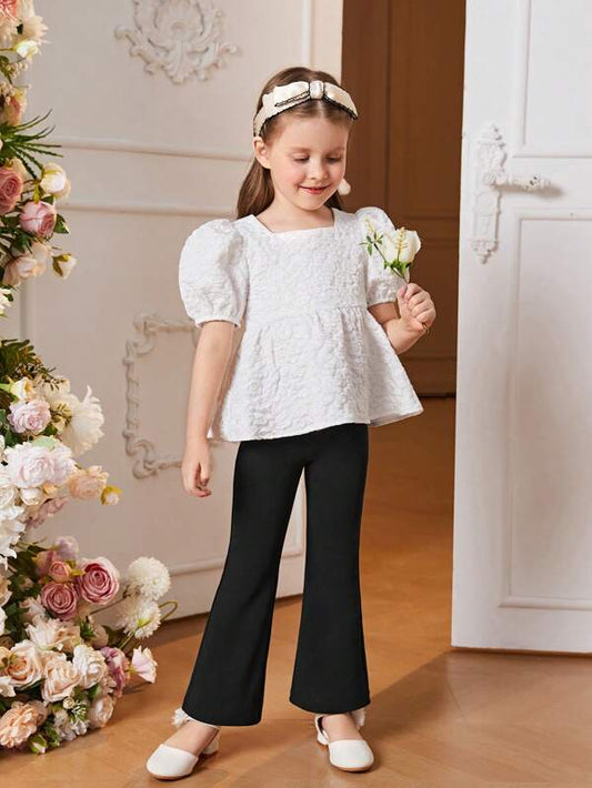 SHEIN Kids Nujoom Toddler Girls Puff Sleeve Bow Back Peplum Top & Flare Leg Pants