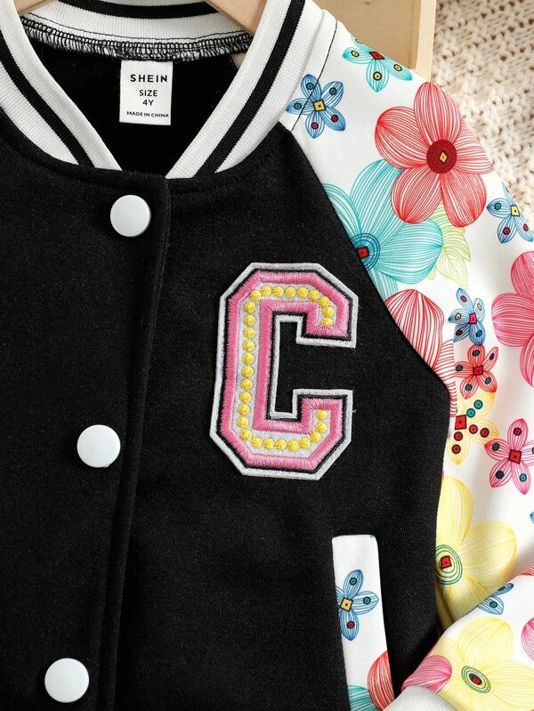 Toddler Girls Floral Print Raglan Sleeve Varsity Jacket