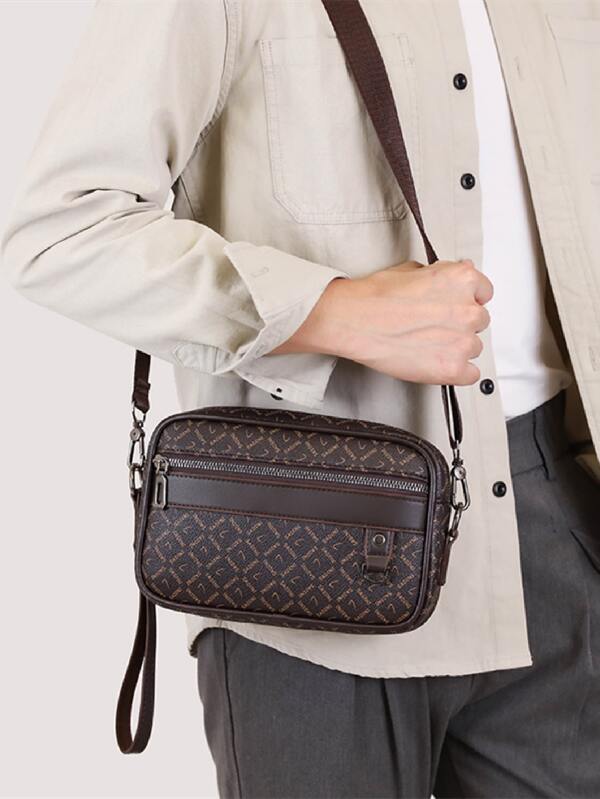 A brown letter PU shoulder bag with a crossbody bag, fashionable carrying bag suitable for men's daily travel, upper version commuting