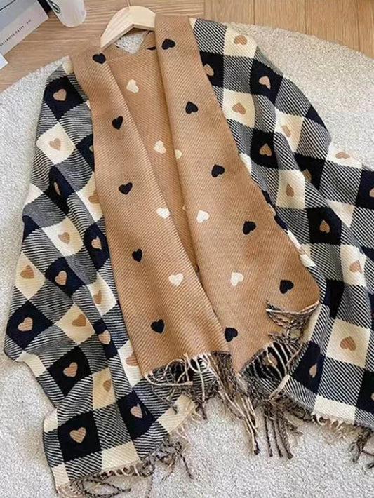 Plaid & Heart Pattern Fringe Hem Scarf