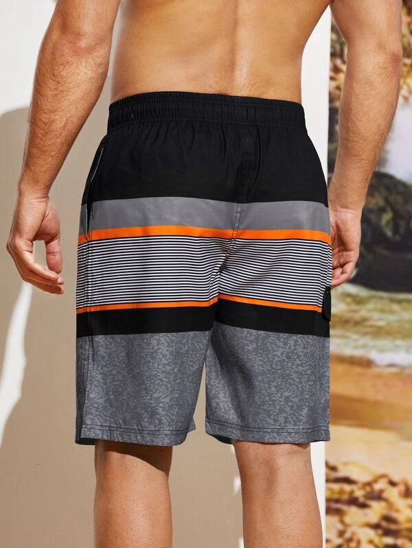 Men Color Block Striped Print Flap Detail Swim Trunks