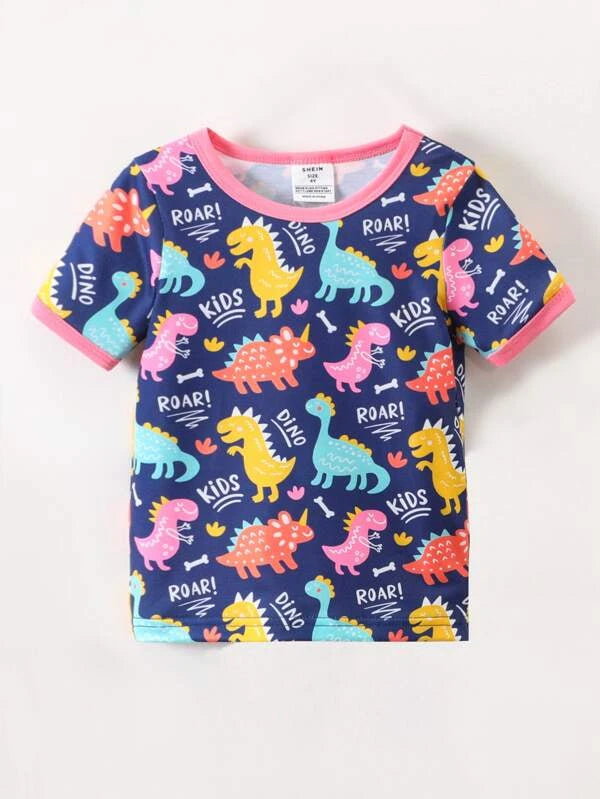 SHEIN Kids QTFun Toddler Girls Dinosaur Print Contrast Binding Snug Fit PJ Set