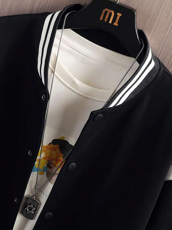 Men Striped Trim Drop Shoulder Bomber Jacket Without Tee