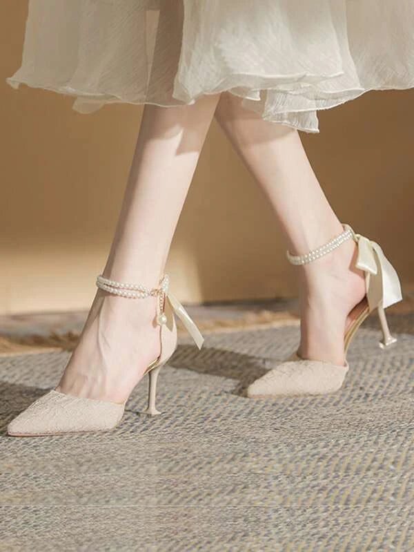 Women Faux Pearl Decor Point Toe Pyramid Heeled Ankle Strap Pumps, Polyester Elegant Pumps