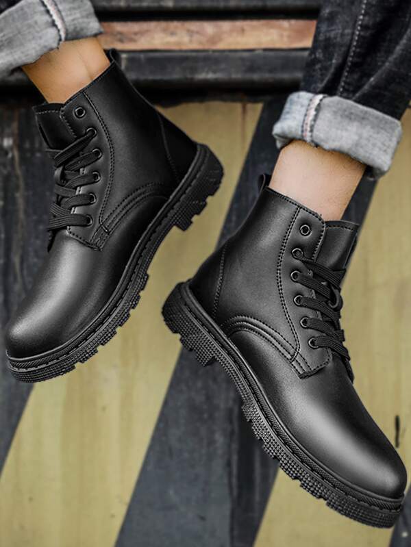 Men Lace-up Front Combat Boots, Fashion Boots Black