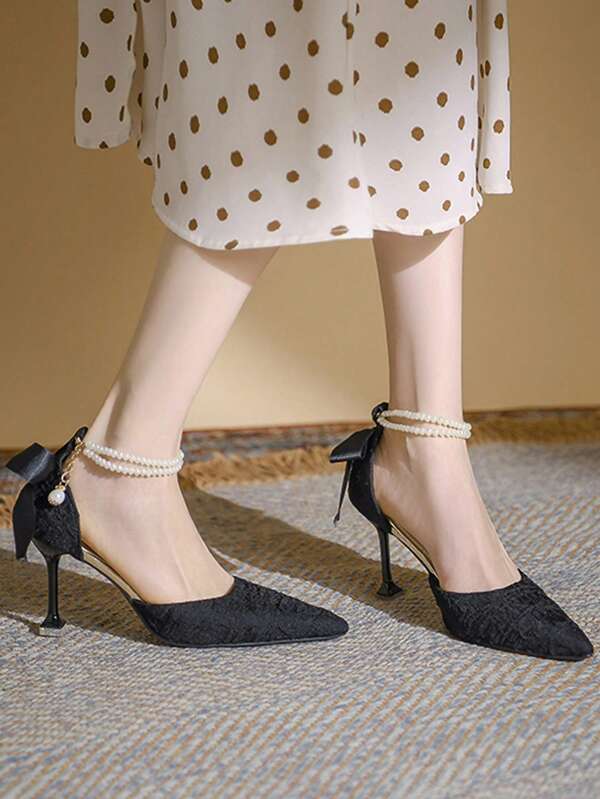 Women Faux Pearl Decor Point Toe Pyramid Heeled Ankle Strap Pumps, Polyester Elegant Pumps