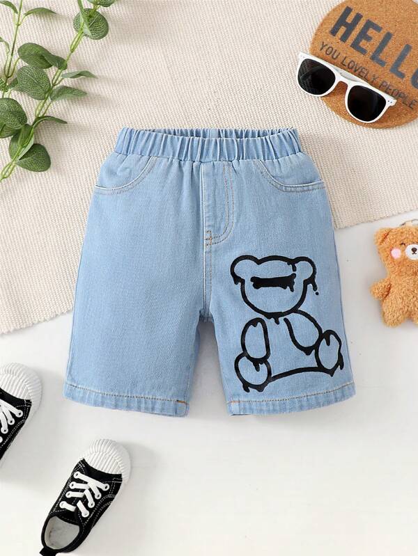 Toddler Boys Bear Print Denim Shorts