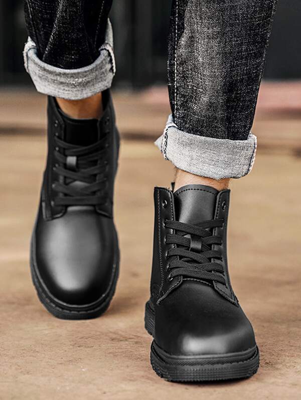 Men Lace-up Front Combat Boots, Fashion Boots Black