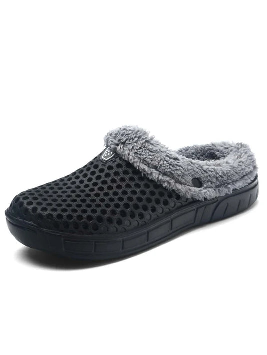 Men Minimalist Hollow Out Slippers Winter Warm Fleece Clogs Inspired Shoes, Non-Slip For Indoors Home Cozy Style House Shoes