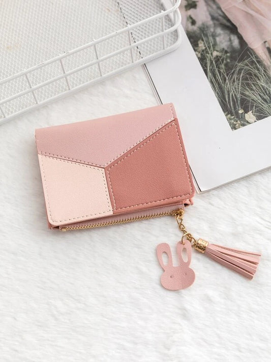 Color Block Rabbit & Tassel Decor Small Wallet Coin Pocket Small Purse ID Window Zipper Women Wallet