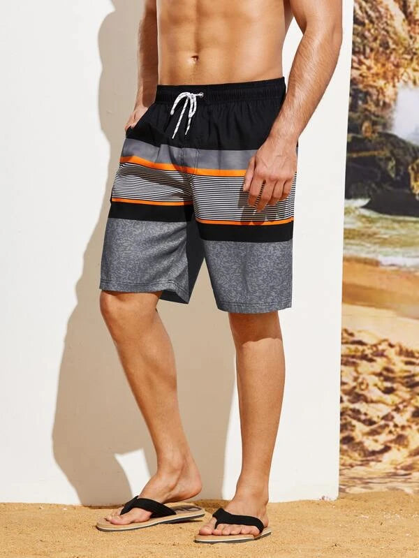 Men Color Block Striped Print Flap Detail Swim Trunks