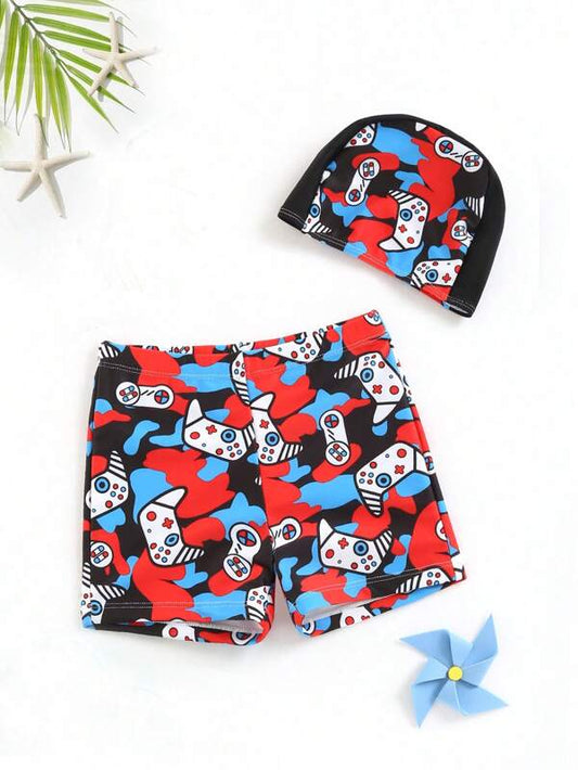 Toddler Boys Gamepad Print Swim Shorts With Swim Cap