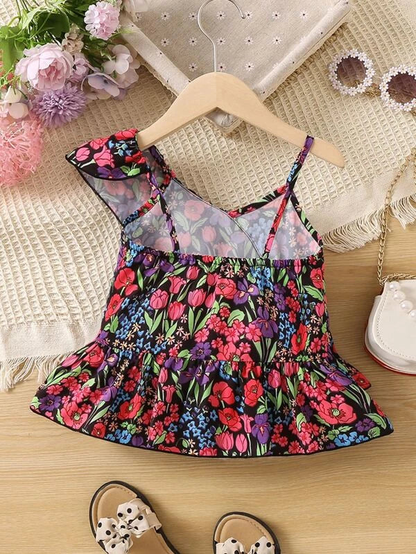 SHEIN Kids SUNSHNE Toddler Girls Floral Print Asymmetrical Neck Ruffle Trim Peplum Blouse