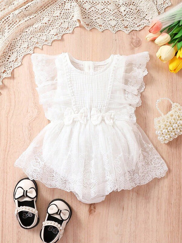 Newborn Baby Girls' Elegant, Romantic, Casual, Comfortable, Fashionable, Simple, Practical, Versatile, Cute, Soft And Comfortable My Mom And Me Matching Dress With Pleats, Lace And Mesh