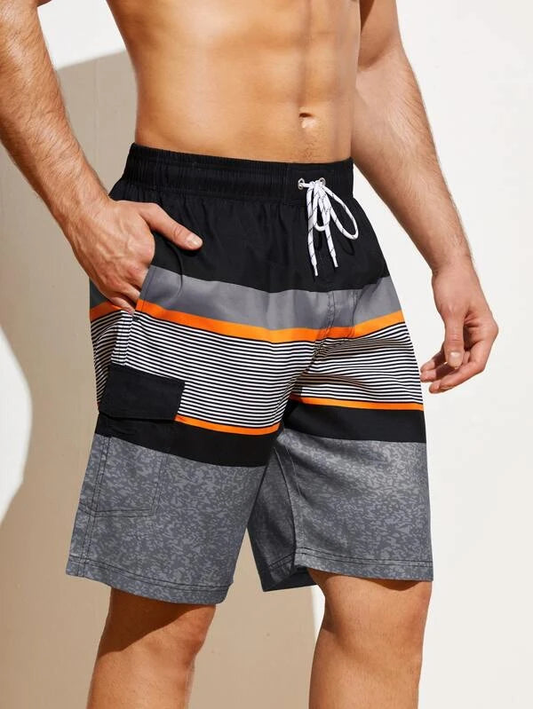 Men Color Block Striped Print Flap Detail Swim Trunks