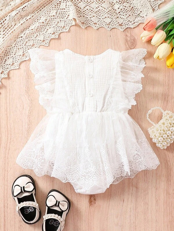 Newborn Baby Girls' Elegant, Romantic, Casual, Comfortable, Fashionable, Simple, Practical, Versatile, Cute, Soft And Comfortable My Mom And Me Matching Dress With Pleats, Lace And Mesh