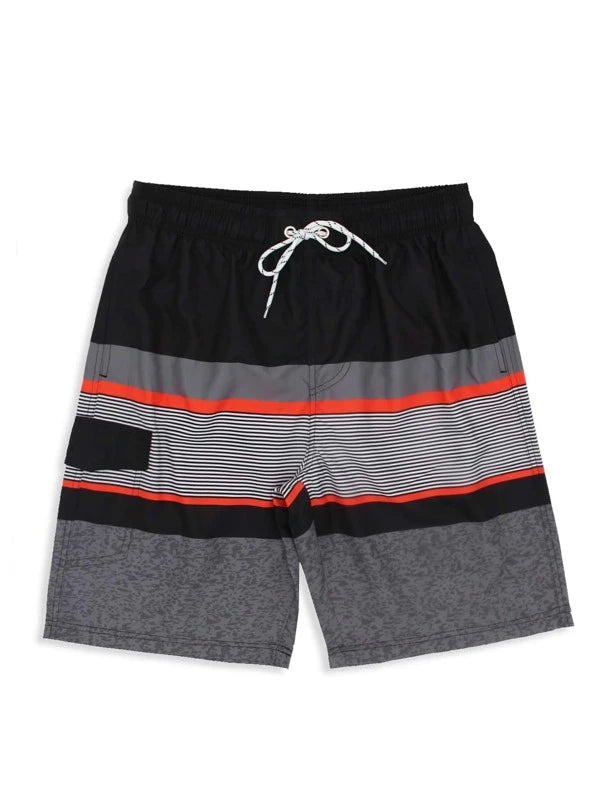 Men Color Block Striped Print Flap Detail Swim Trunks