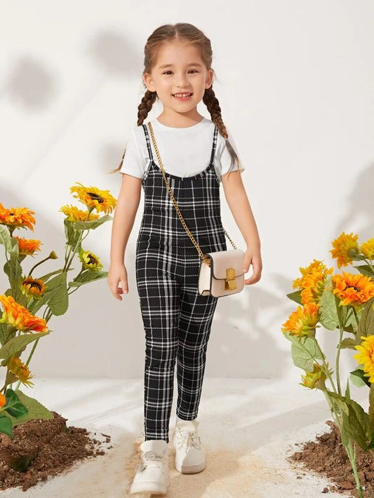 SHEIN Toddler Girls Solid Tee & Plaid Cami Jumpsuit