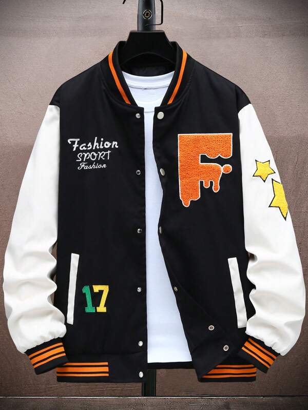 Manfinity Sporsity Men Letter Graphic Striped Trim Colorblock Varsity Jacket Without Tee