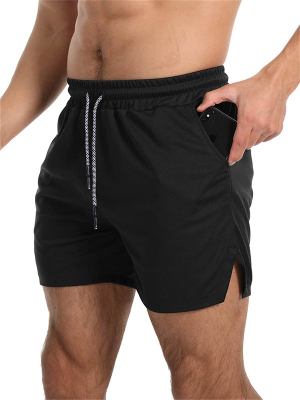 Men Split Hem Drawstring Waist Sports Shorts With Phone Pocket