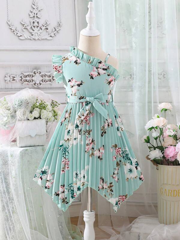 Young Girls' Elegant Mint Green Sloping Shoulders Floral Pattern Princess Dress, Perfect For Beach Vacation In Summer