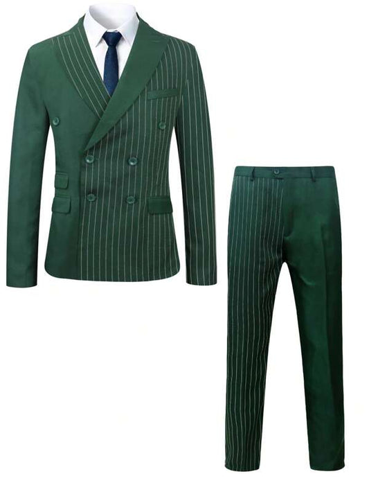 Men 1pc Striped Print Double Breasted Blazer & 1pc Suit Pants