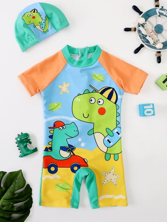 SHEIN Kids QTFun Toddler Boys Dinosaur Print One Piece Swimsuit With Swim Cap