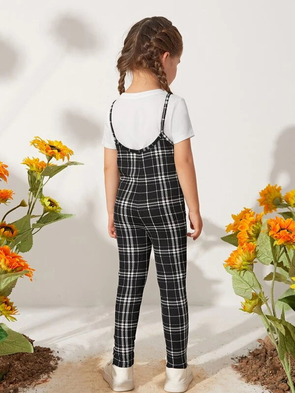 SHEIN Toddler Girls Solid Tee & Plaid Cami Jumpsuit