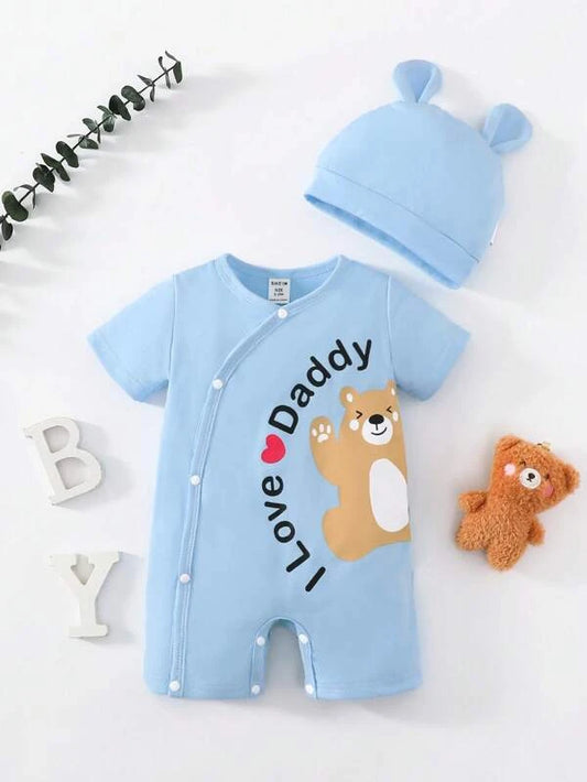 Newborn Baby Bear & Slogan Graphic Romper & Hat