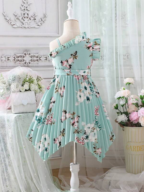 Young Girls' Elegant Mint Green Sloping Shoulders Floral Pattern Princess Dress, Perfect For Beach Vacation In Summer