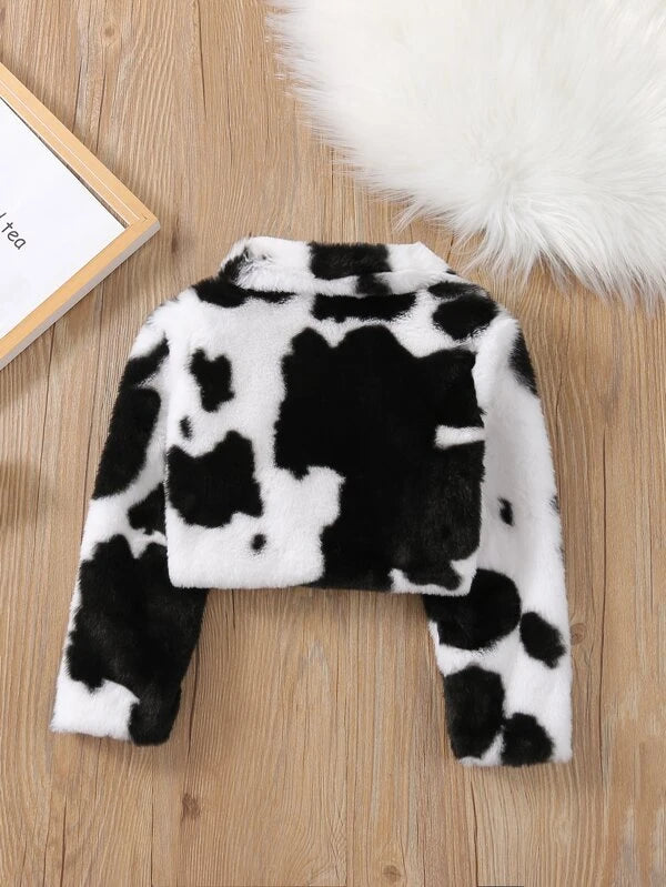 SHEIN Kids EVRYDAY Toddler Girls Cow Pattern Flannel Jacket